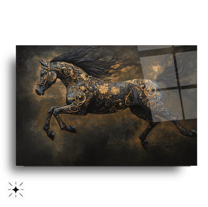 Gold Detaylı Siyah At Cam Tablo