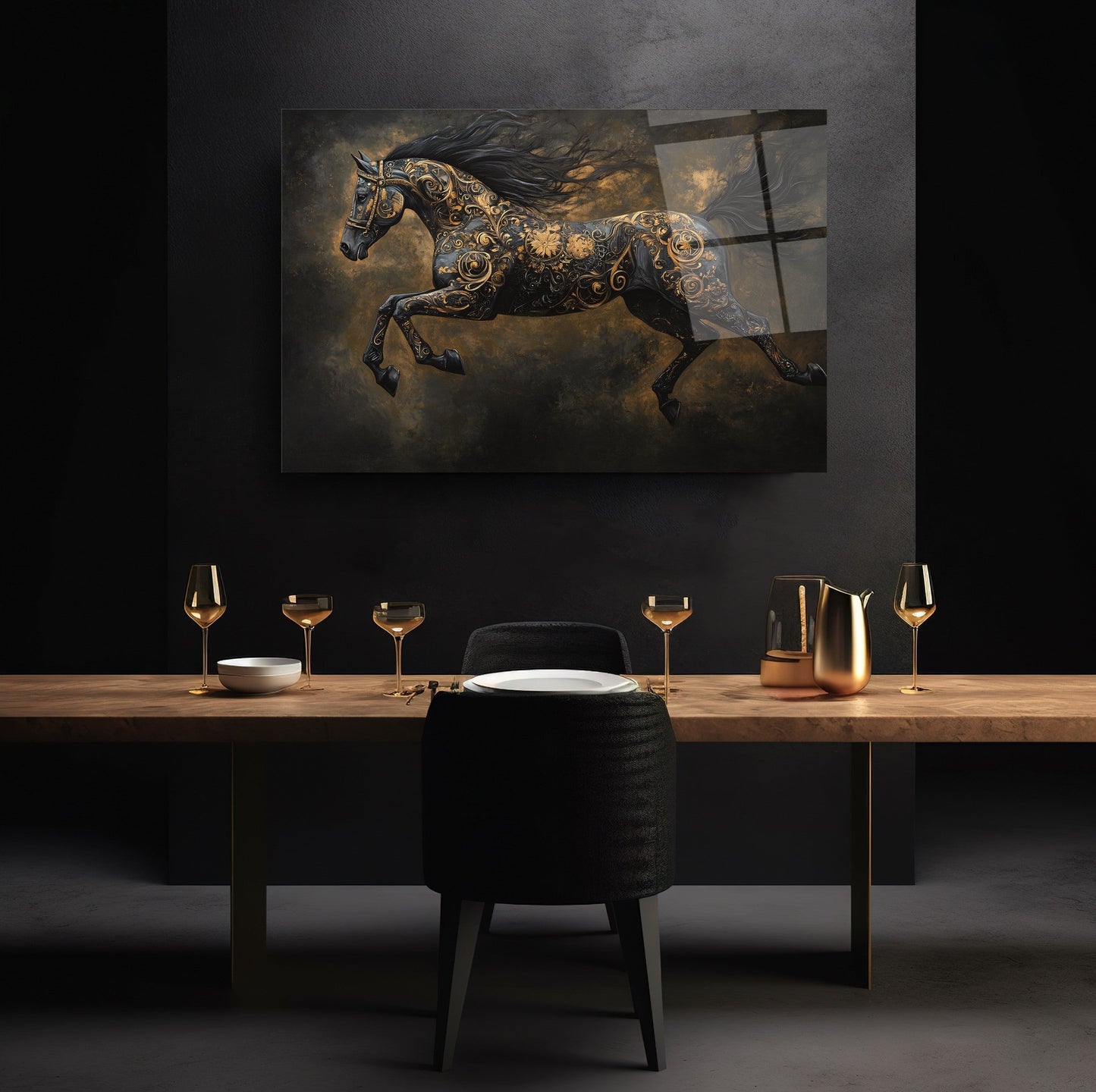 Gold Detaylı Siyah At Cam Tablo