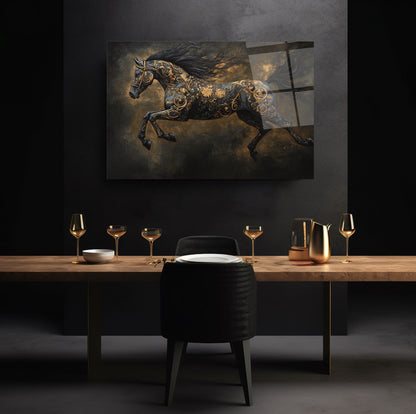 Gold Detaylı Siyah At Cam Tablo