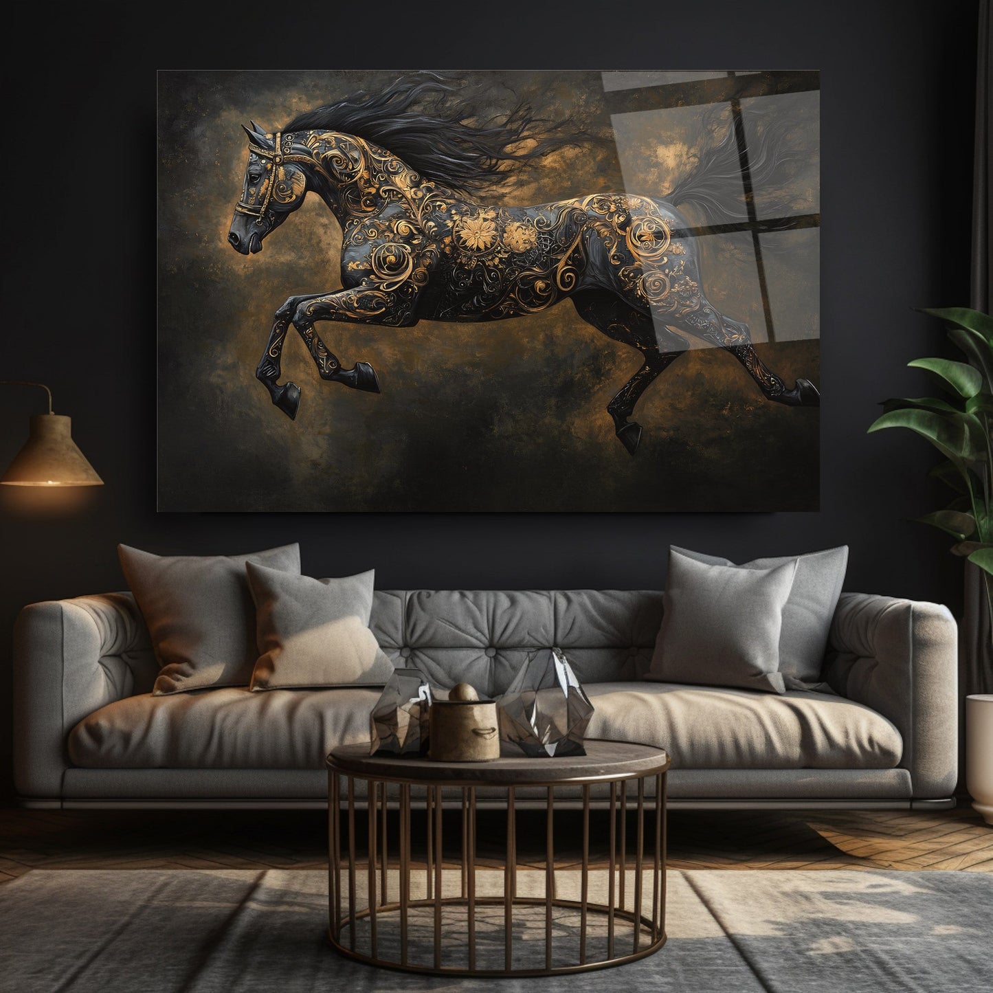 Gold Detaylı Siyah At Cam Tablo
