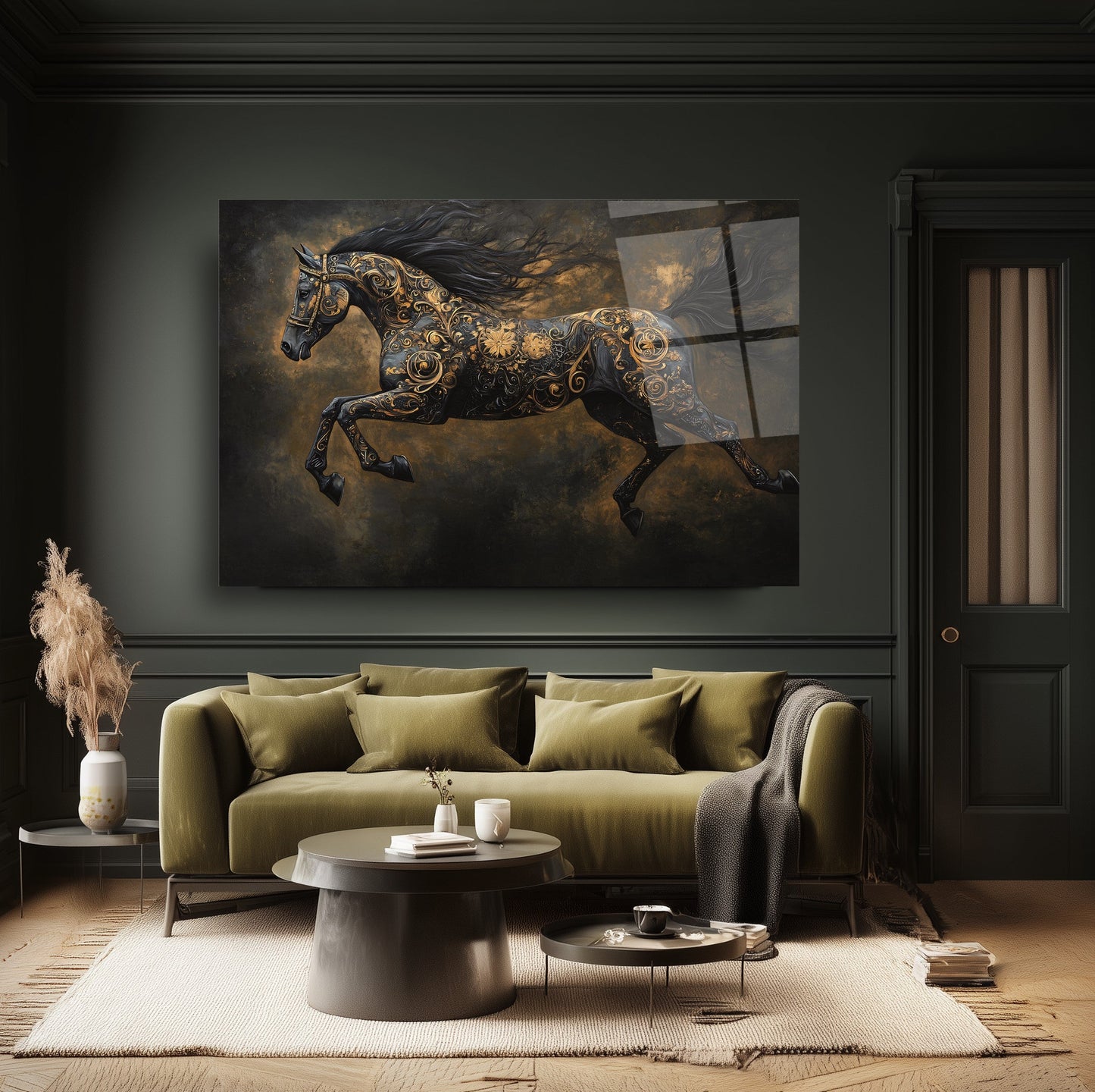 Gold Detaylı Siyah At Cam Tablo