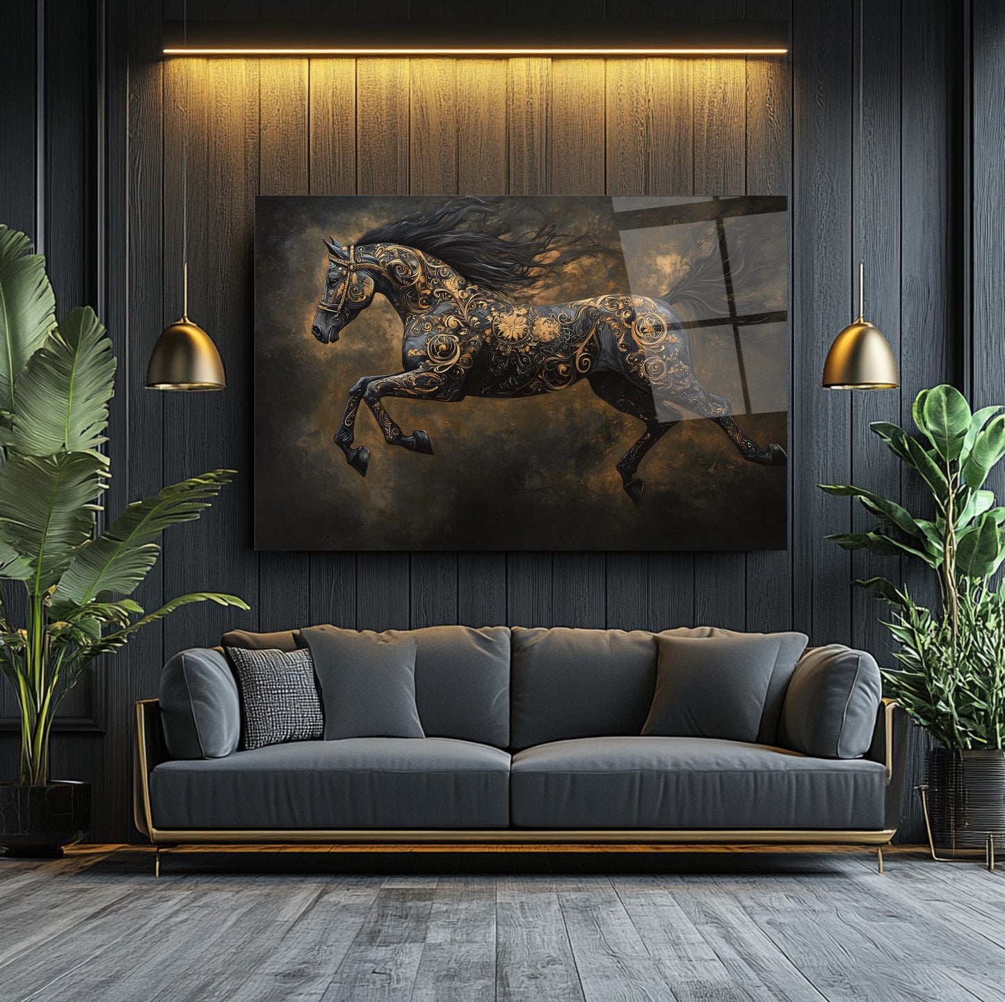 Gold Detaylı Siyah At Cam Tablo