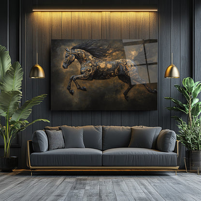 Gold Detaylı Siyah At Cam Tablo