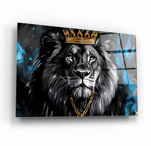 Gold Taçlı Aslan Cam Tablo