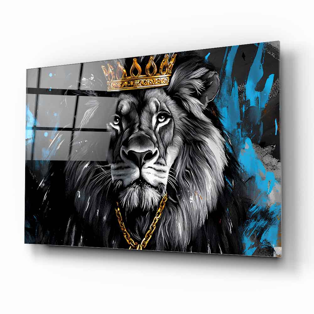 Gold Taçlı Aslan Cam Tablo