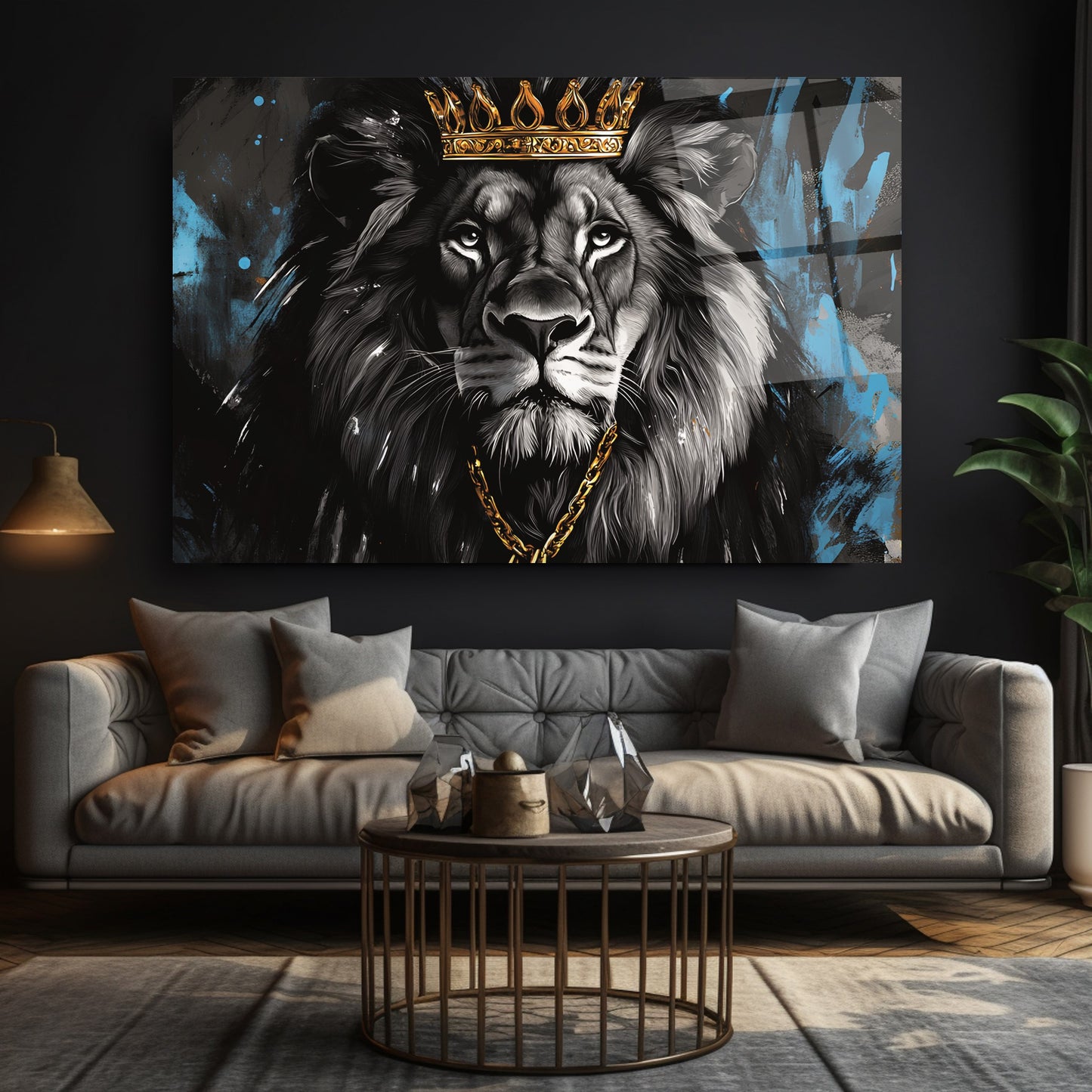 Gold Taçlı Aslan Cam Tablo
