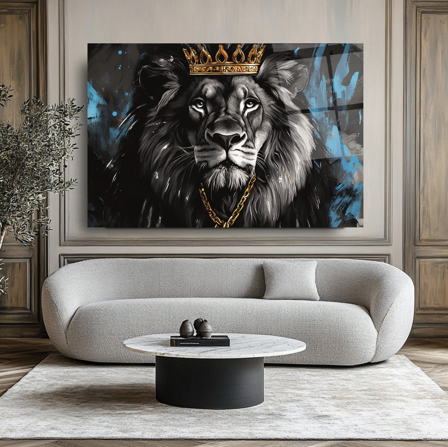 Gold Taçlı Aslan Cam Tablo