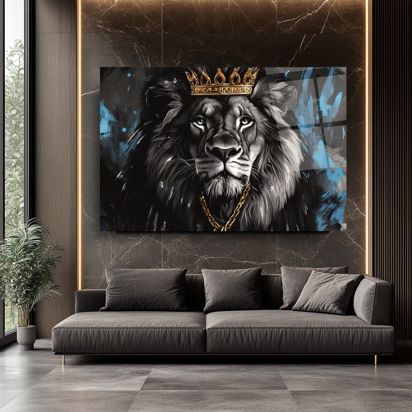 Gold Taçlı Aslan Cam Tablo