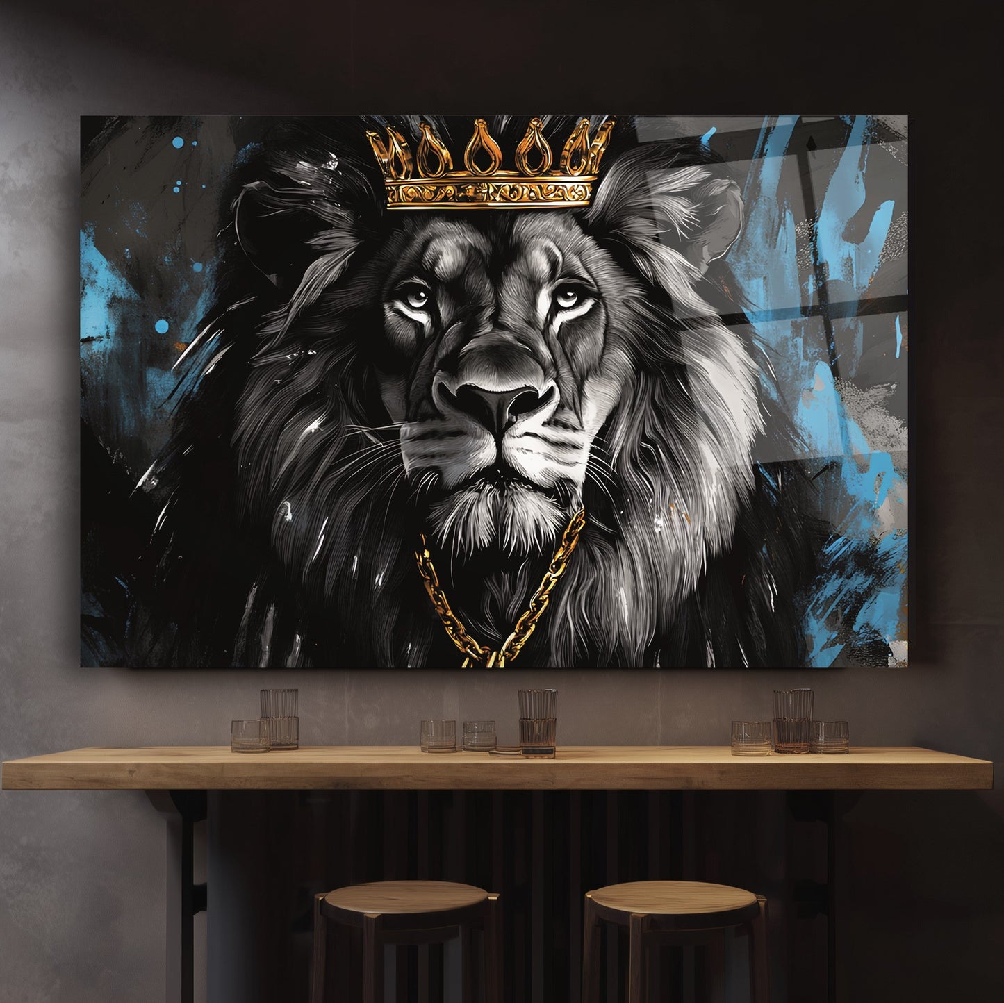 Gold Taçlı Aslan Cam Tablo