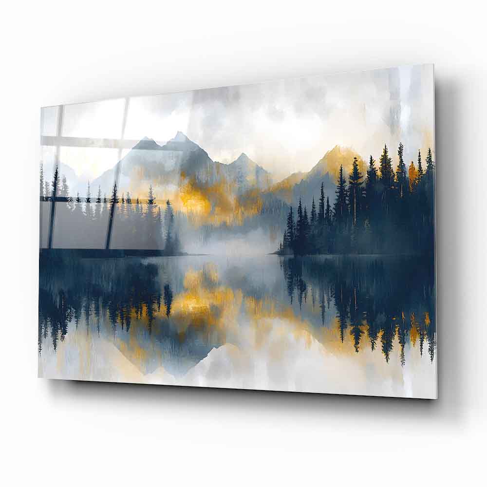 Gold Detaylı Orman Manzarası Cam Tablo