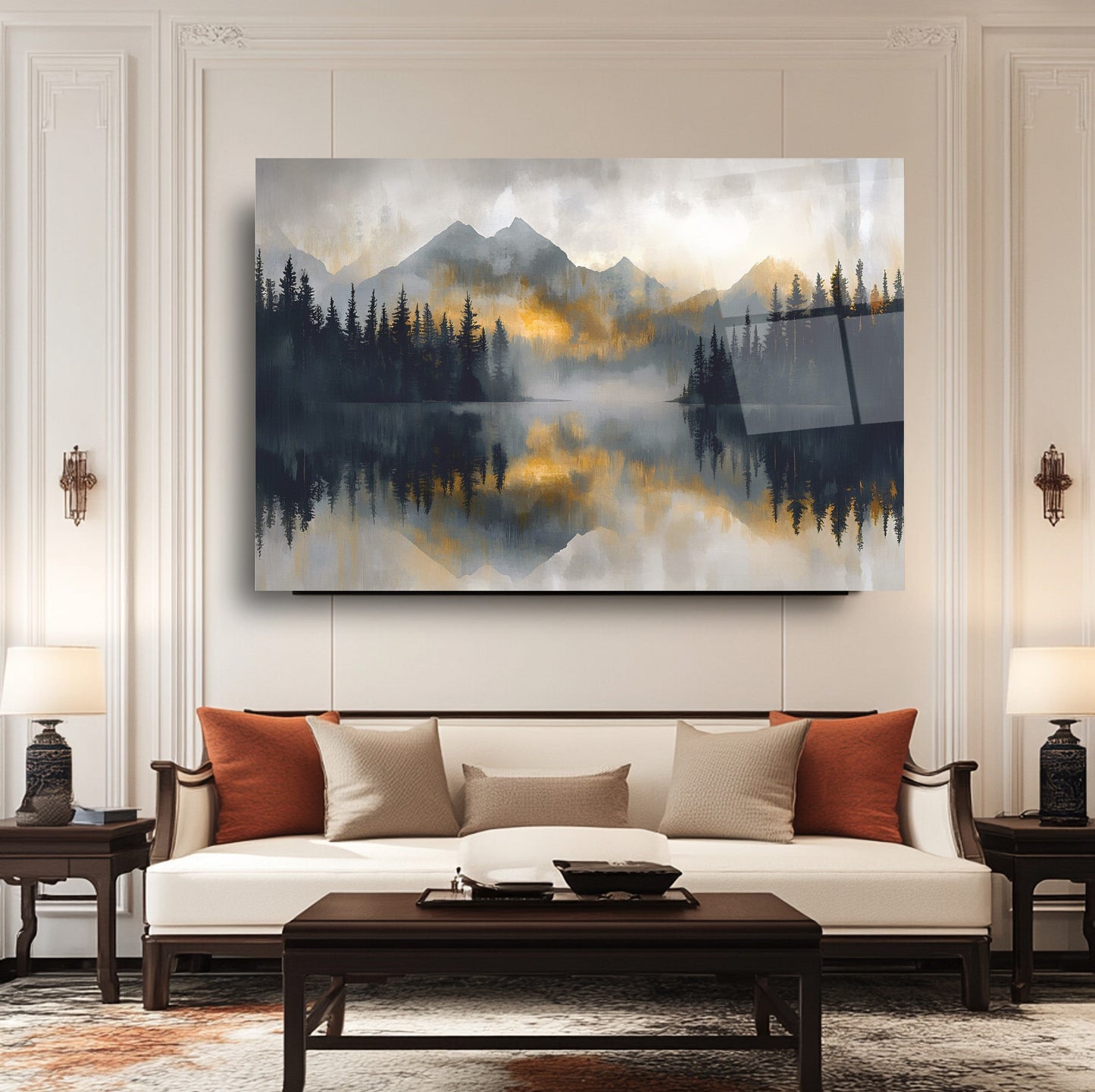 Gold Detaylı Orman Manzarası Cam Tablo