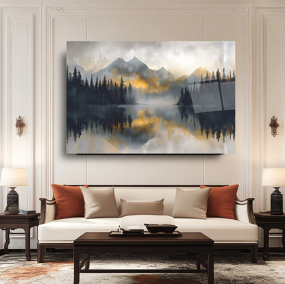 Gold Detaylı Orman Manzarası Cam Tablo