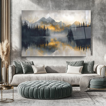 Gold Detaylı Orman Manzarası Cam Tablo