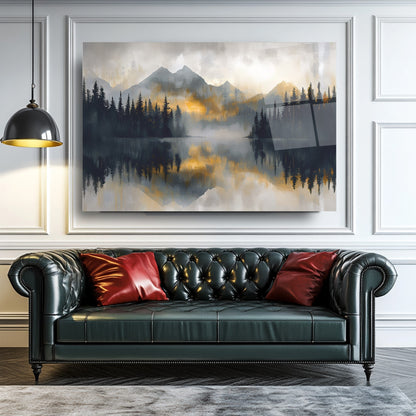 Gold Detaylı Orman Manzarası Cam Tablo