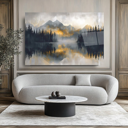 Gold Detaylı Orman Manzarası Cam Tablo