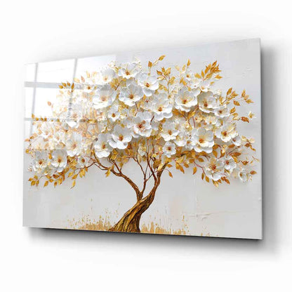Gold Çiçekli Hayat Ağacı Cam Tablo
