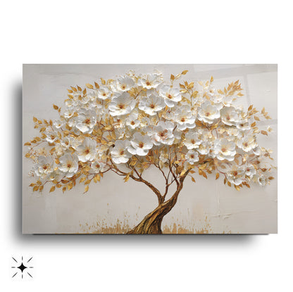 Gold Çiçekli Hayat Ağacı Cam Tablo