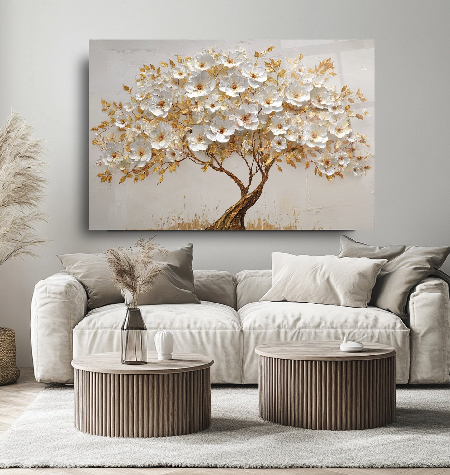 Gold Çiçekli Hayat Ağacı Cam Tablo