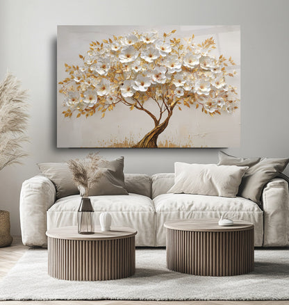Gold Çiçekli Hayat Ağacı Cam Tablo