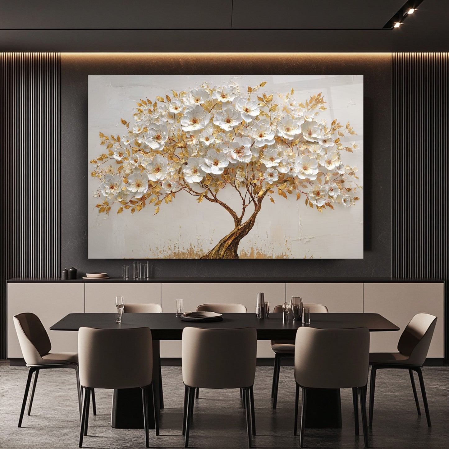 Gold Çiçekli Hayat Ağacı Cam Tablo
