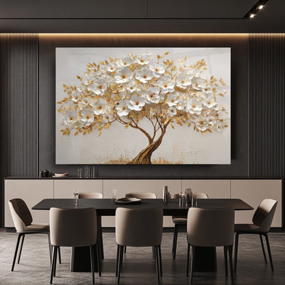 Gold Çiçekli Hayat Ağacı Cam Tablo
