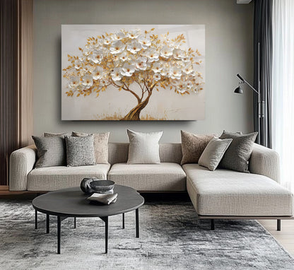 Gold Çiçekli Hayat Ağacı Cam Tablo