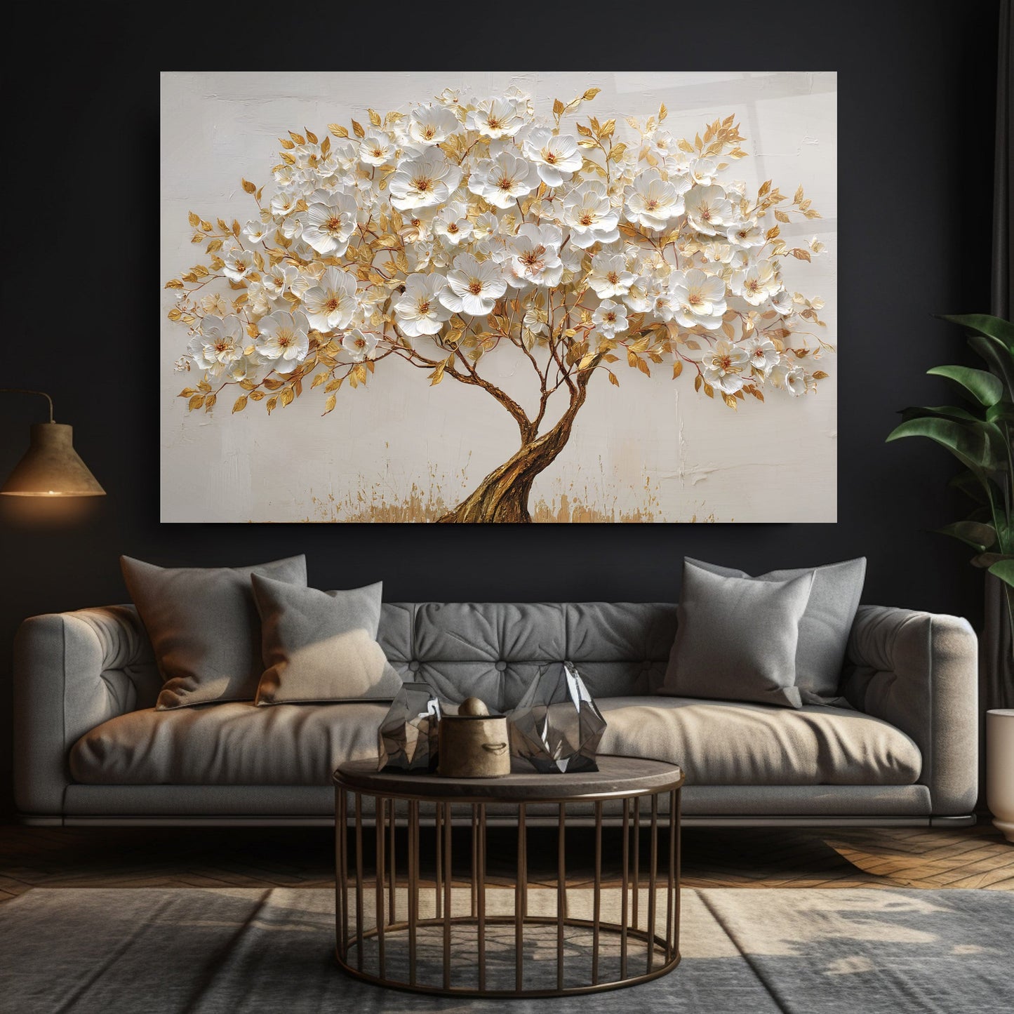 Gold Çiçekli Hayat Ağacı Cam Tablo