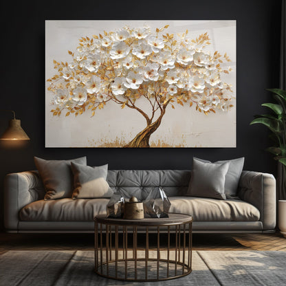 Gold Çiçekli Hayat Ağacı Cam Tablo