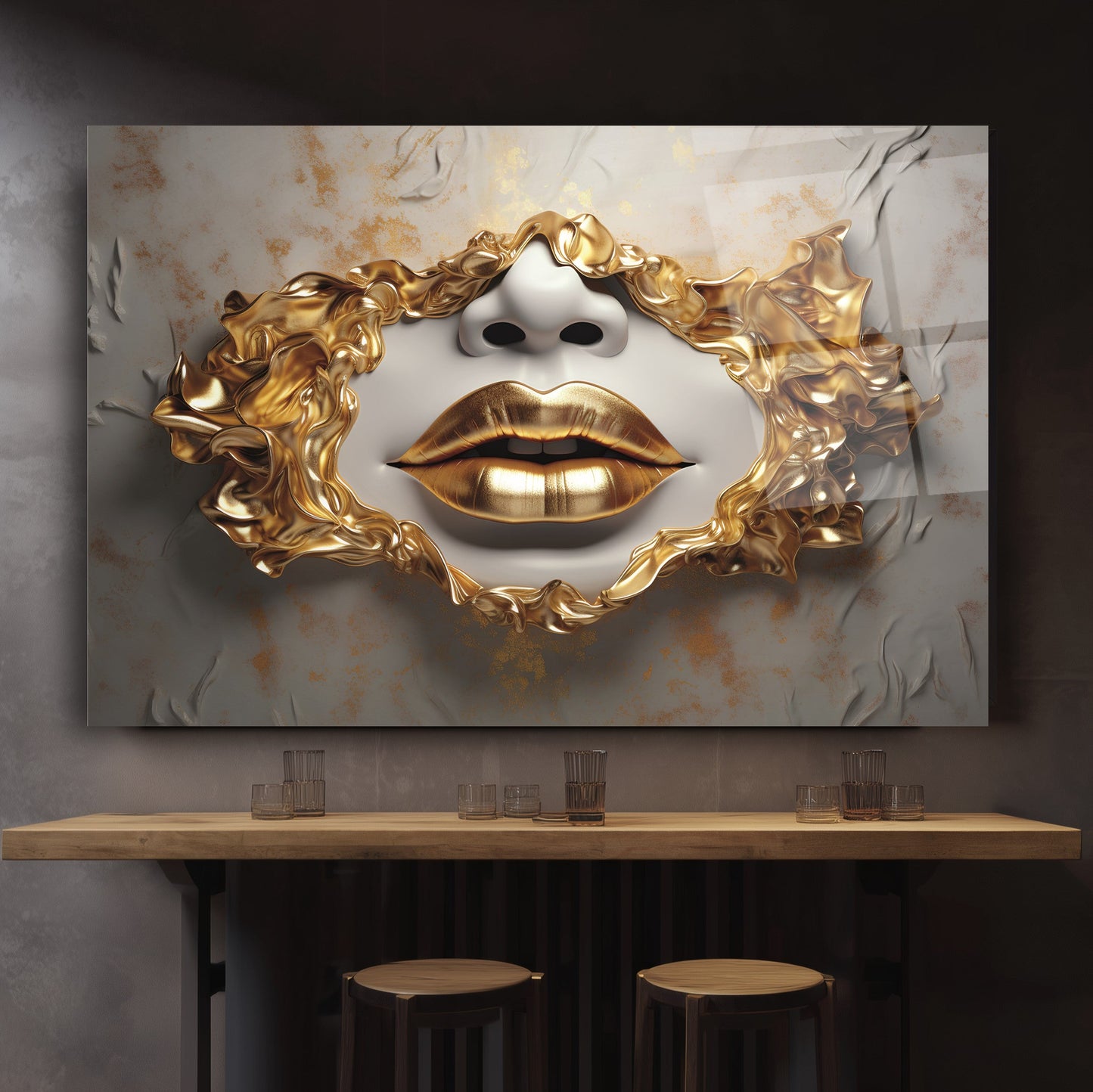 Gold Dudaklar Cam Tablo