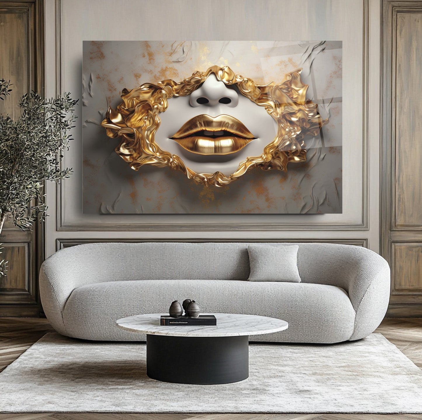 Gold Dudaklar Cam Tablo