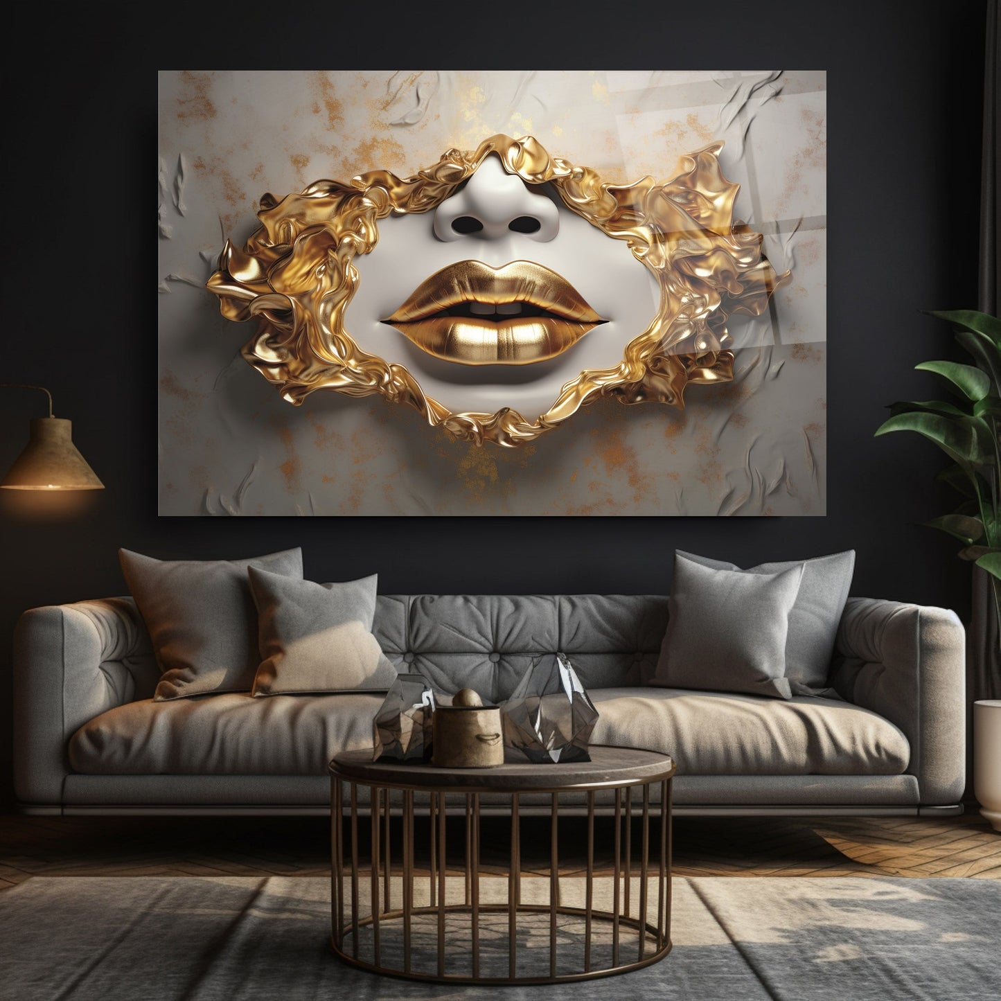 Gold Dudaklar Cam Tablo
