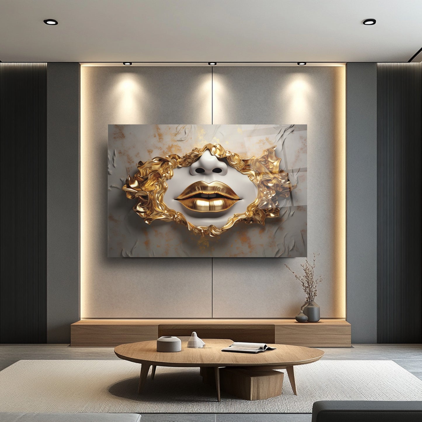 Gold Dudaklar Cam Tablo