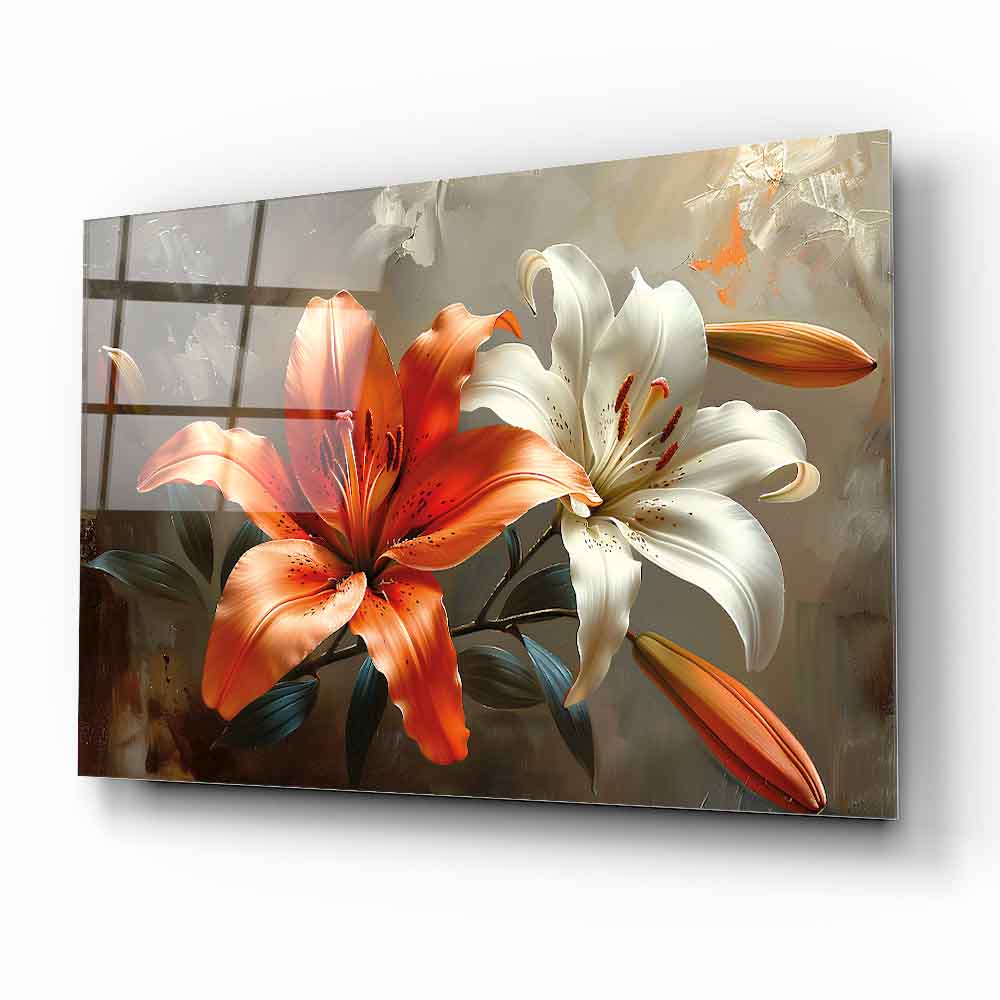 Turuncu Beyaz Çiçek Cam Tablo