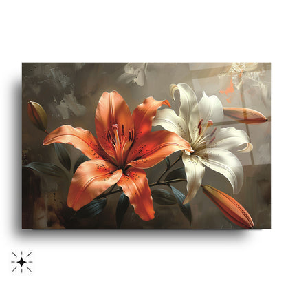 Turuncu Beyaz Çiçek Cam Tablo