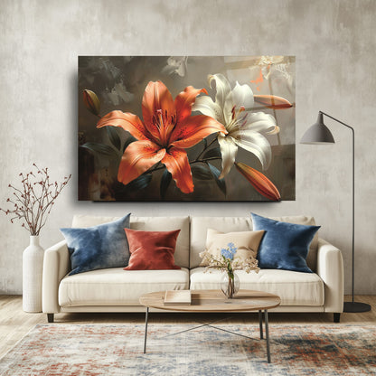 Turuncu Beyaz Çiçek Cam Tablo