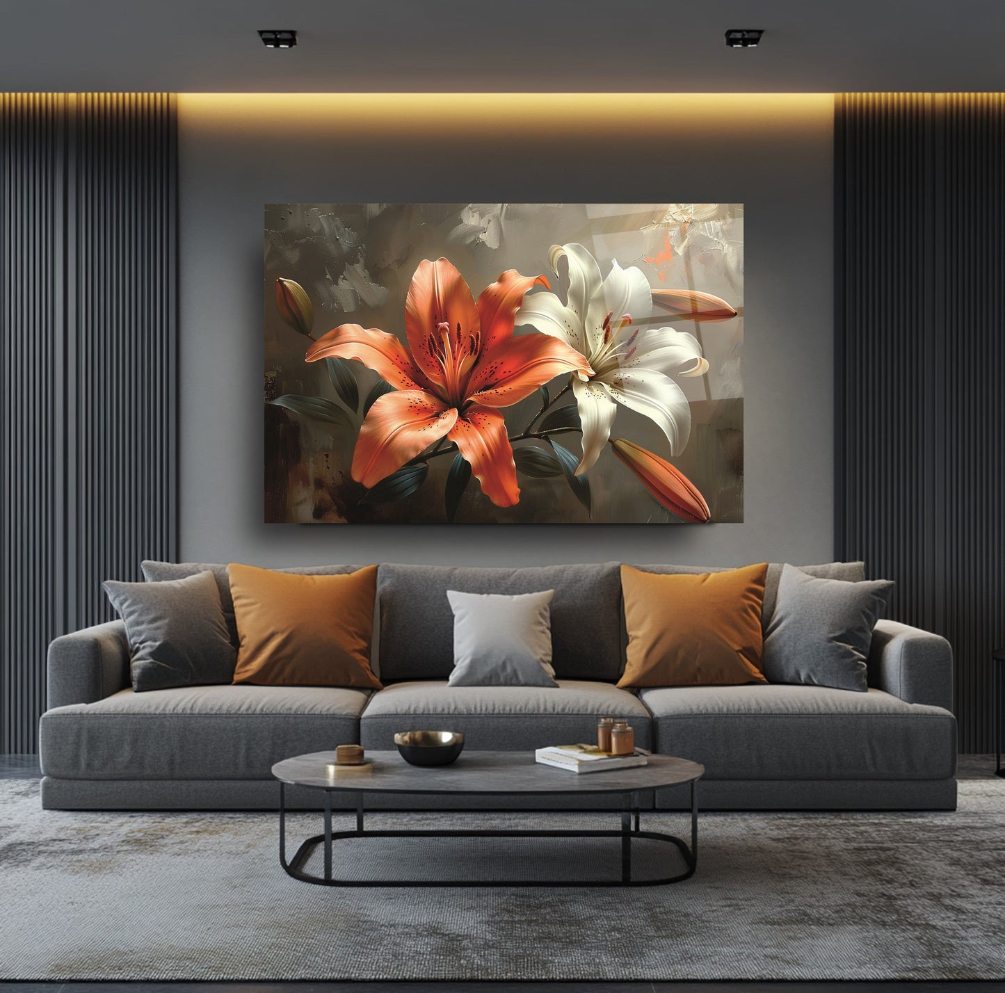 Turuncu Beyaz Çiçek Cam Tablo