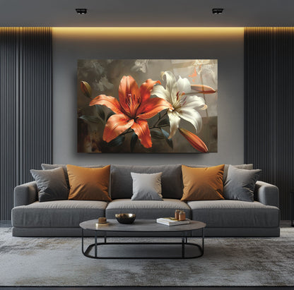 Turuncu Beyaz Çiçek Cam Tablo