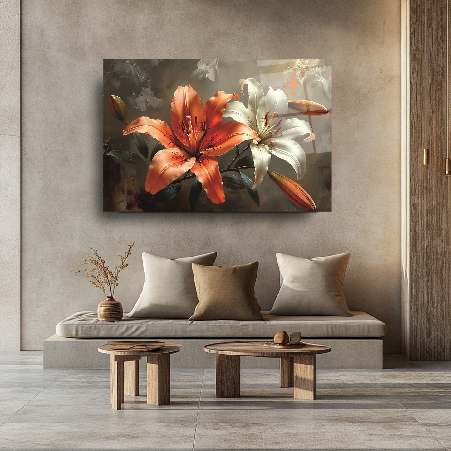 Turuncu Beyaz Çiçek Cam Tablo