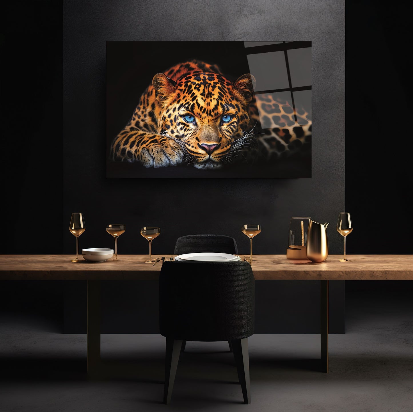Mavi Gözlü Leopar Cam Tablo