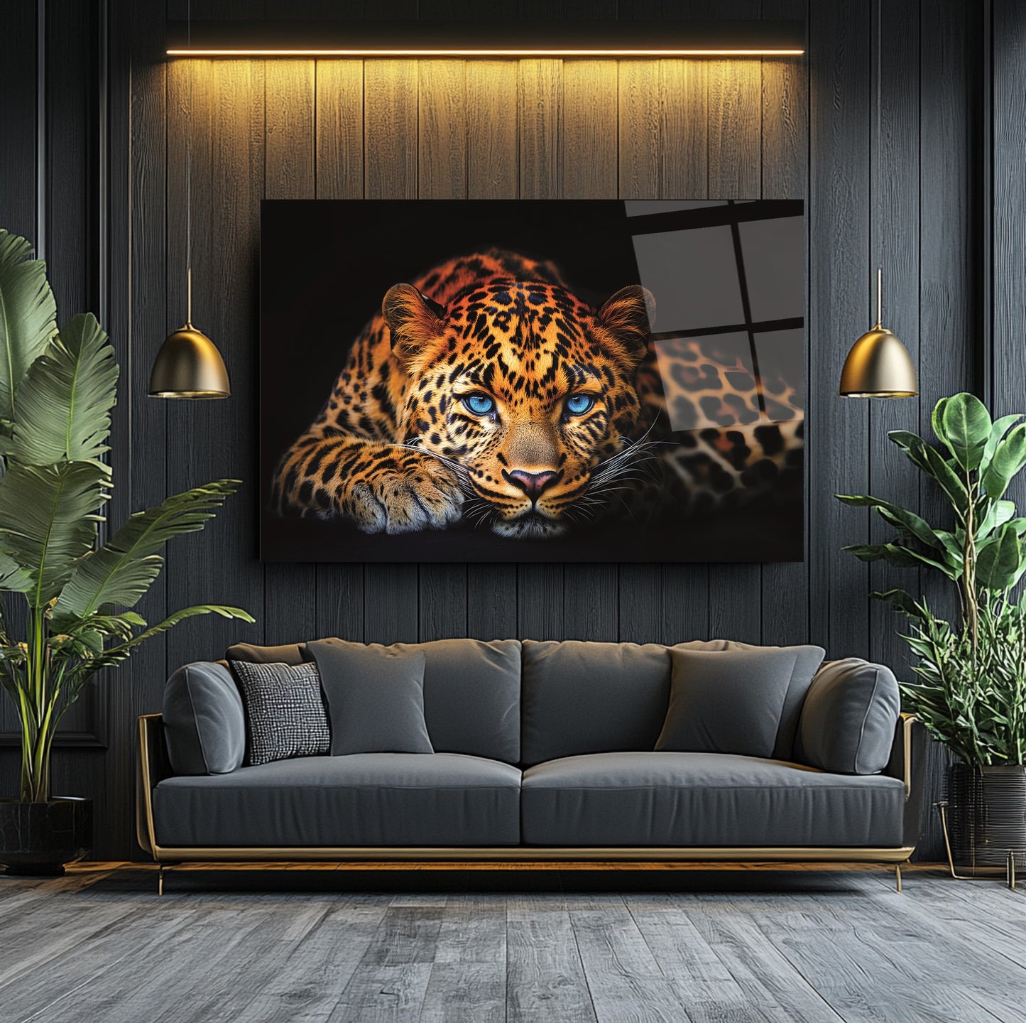 Mavi Gözlü Leopar Cam Tablo