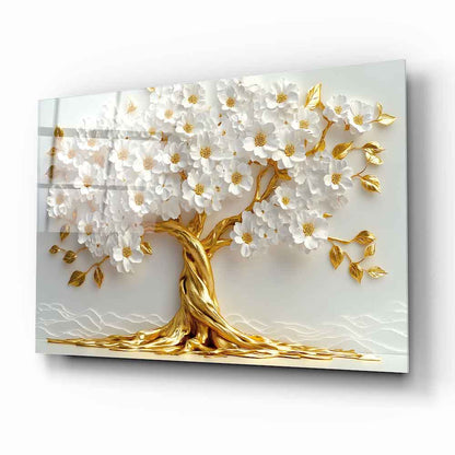 Beyaz Çiçekli Gold Hayat Ağacı Cam Tablo