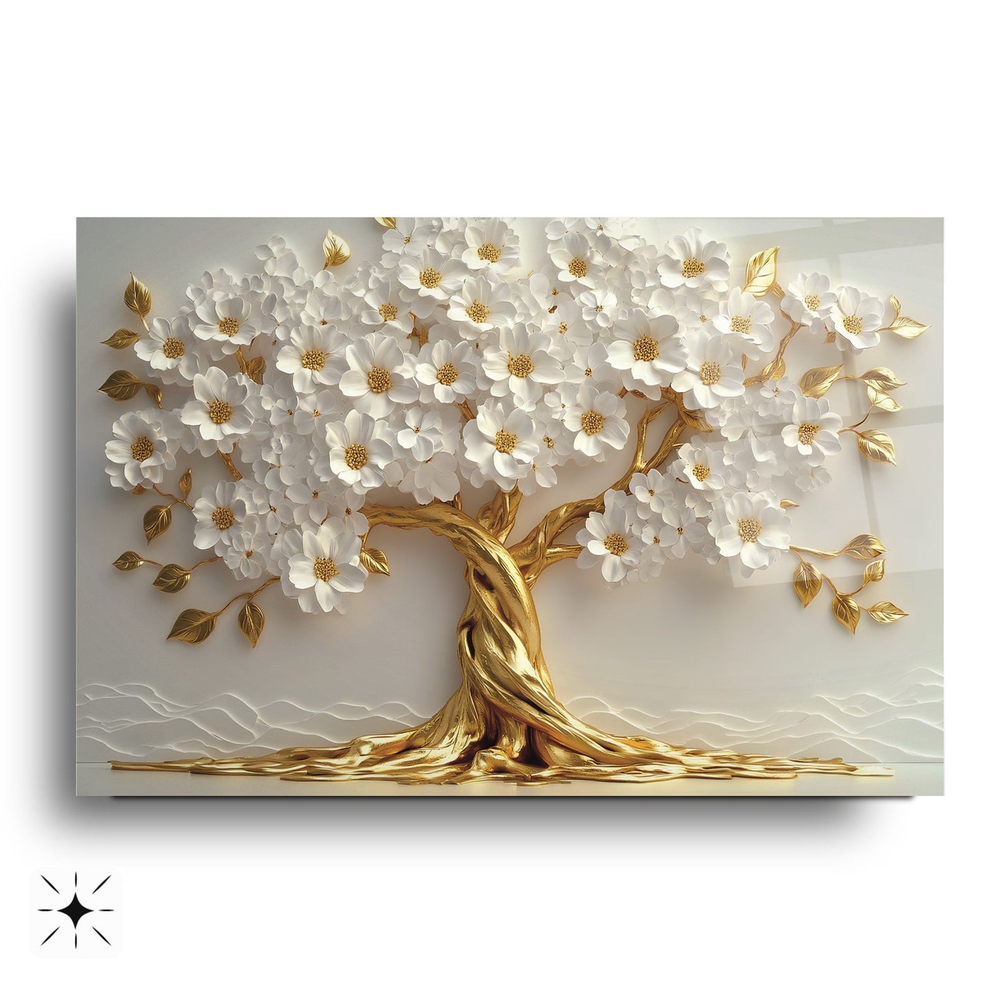 Beyaz Çiçekli Gold Hayat Ağacı Cam Tablo