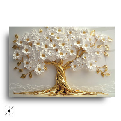 Beyaz Çiçekli Gold Hayat Ağacı Cam Tablo