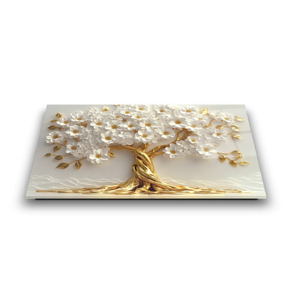 Beyaz Çiçekli Gold Hayat Ağacı Cam Tablo