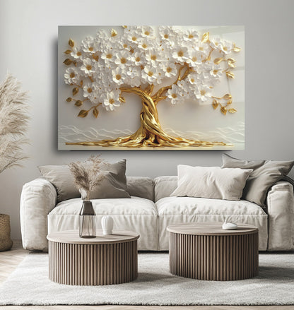 Beyaz Çiçekli Gold Hayat Ağacı Cam Tablo