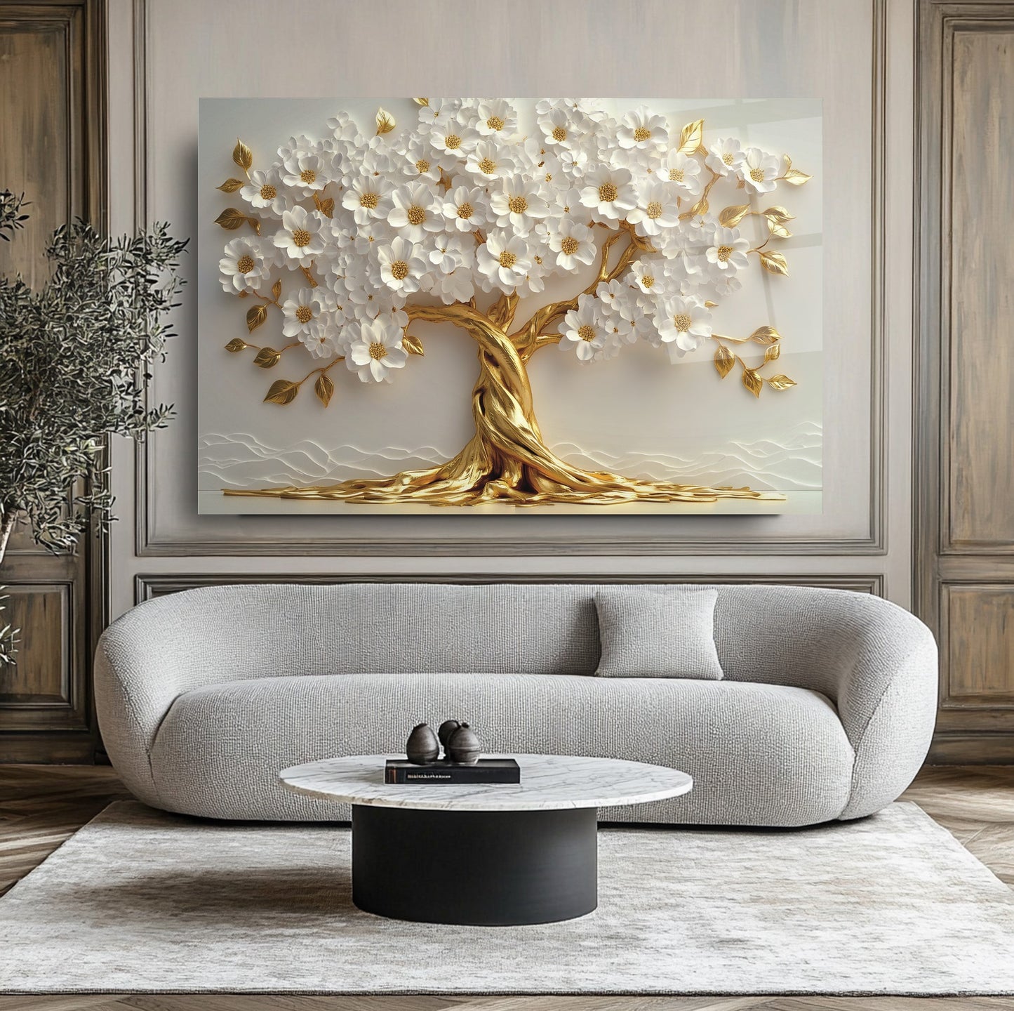 Beyaz Çiçekli Gold Hayat Ağacı Cam Tablo