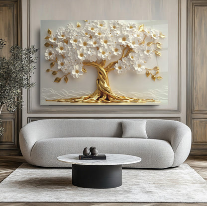Beyaz Çiçekli Gold Hayat Ağacı Cam Tablo