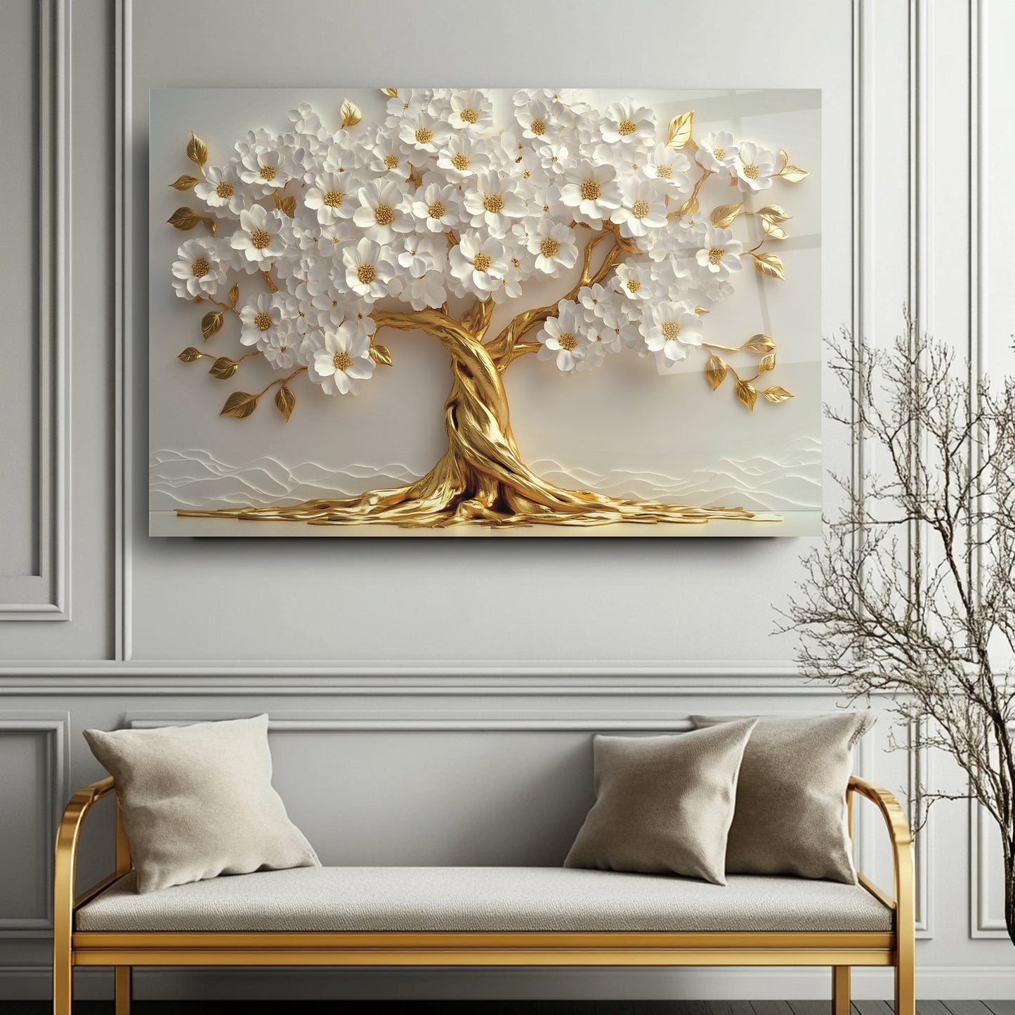 Beyaz Çiçekli Gold Hayat Ağacı Cam Tablo