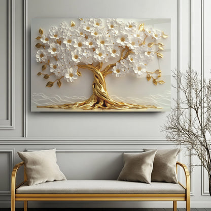 Beyaz Çiçekli Gold Hayat Ağacı Cam Tablo