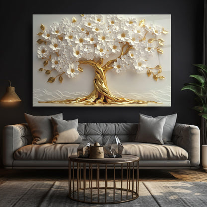 Beyaz Çiçekli Gold Hayat Ağacı Cam Tablo